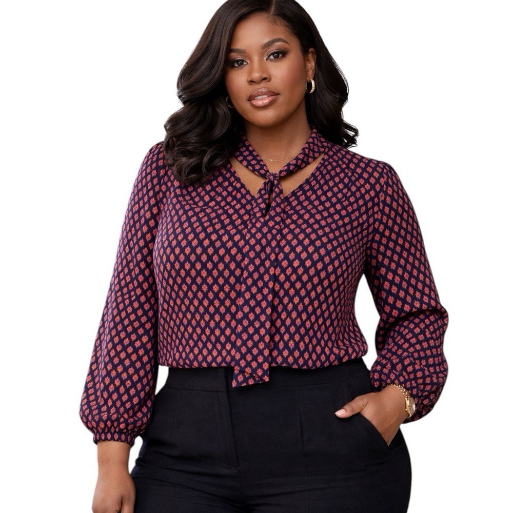 Lane Bryant 20 Navy & Coral Floral Print V-neck Blouse Office Professional